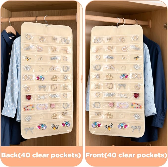 4 Pcs hanging jewelry organizer with 80 Pockets jewelry organizers and storage hanging earring organizer for travel Dual Sided over the door Holder Closet for Necklace Bracelet Ring
