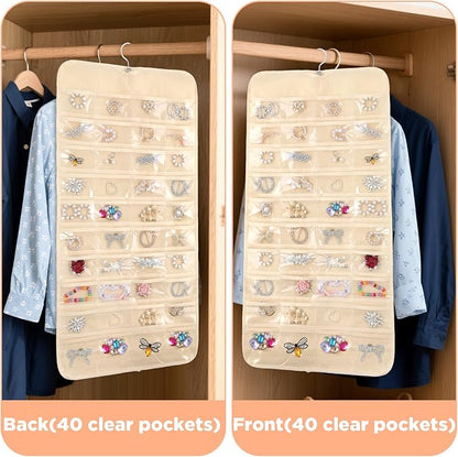 4 Pcs hanging jewelry organizer with 80 Pockets jewelry organizers and storage hanging earring organizer for travel Dual Sided over the door Holder Closet for Necklace Bracelet Ring