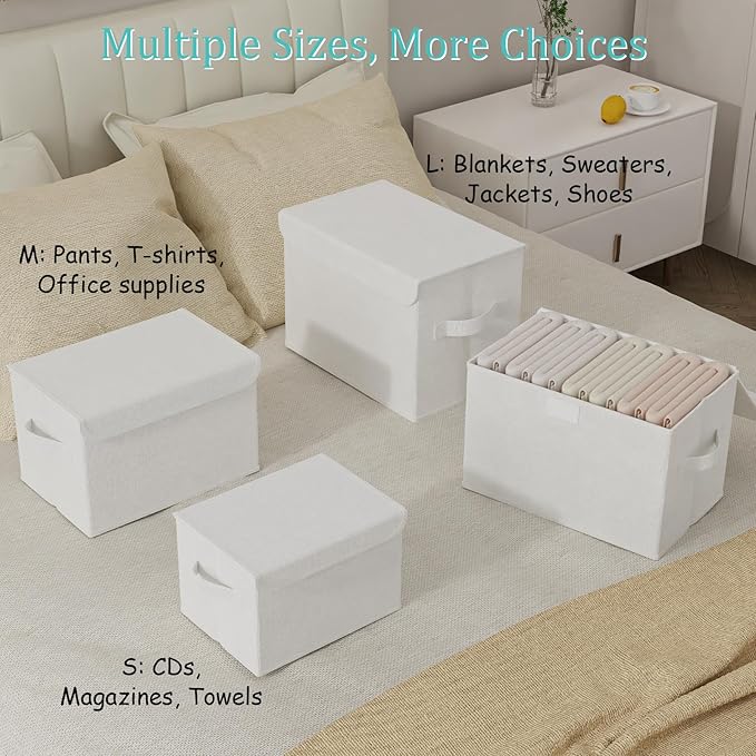 Fabric Storage Bin with Lid, Closet Boxes with Cover, Collapsible Stackable Organizer Basket with 2 Handles, for Home and Bedroom, 4 Pack, White, 10.2 x 7.9 x 6.7 In, XSNY12WS-4