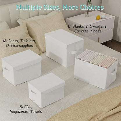Fabric Storage Bin with Lid, Closet Boxes with Cover, Collapsible Stackable Organizer Basket with 2 Handles, for Home and Bedroom, 4 Pack, White, 10.2 x 7.9 x 6.7 In, XSNY12WS-4