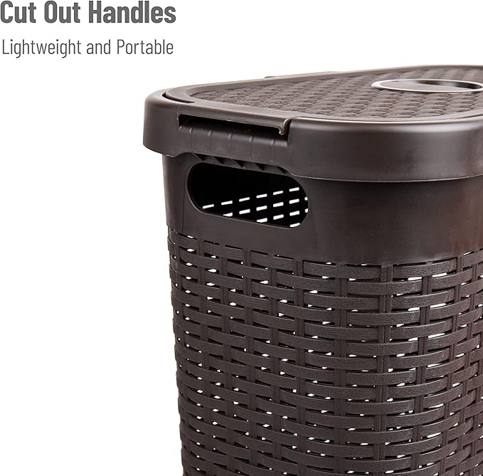 Mind Reader Slim Laundry Hamper with Lid, 40L Clothes Basket, Narrow Tapered Design with Ventilated Cutout Pattern, Plastic, Brown