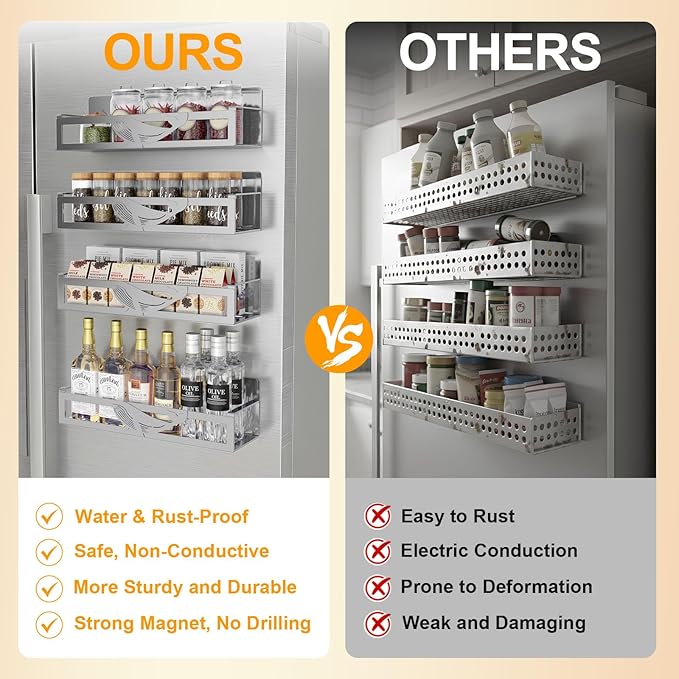 Magnetic Spice Rack for Refrigerator, 4 Pack Metal Magnetic Shelf Organizer for Fridge Side, Strong Spice Storage Rack for Kitchen, Gray