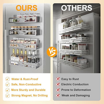Magnetic Spice Rack for Refrigerator, 4 Pack Metal Magnetic Shelf Organizer for Fridge Side, Strong Spice Storage Rack for Kitchen, Gray