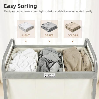 STORAGE MANIAC 3 Section Laundry Sorter, 60 Gal. Laundry Hamper Cart with Heavy Duty Rolling Lockable Wheels and Removable Bags, Clothes Organizer Basket Clothes Separator Hamper, Beige with Lid