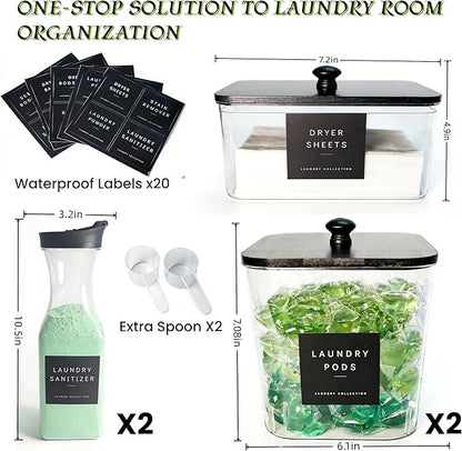 3+2 Pack Laundry Pods Containers & Dryer Sheet Holder & Laundry Detergent Dispenser, Laundry Room Organization and Storage Jars with Lids, Labels and Scoops for Scent Booster, Powder, Pods