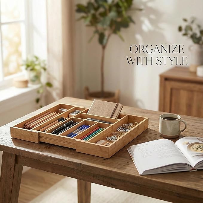 Bamboo Drawer Organizer - Expandable Kitchen Utensil Holder, Adjustable Silverware Drawer Organization, Kitchen Wooden Tray for Cutlery, Flatware & Stationery, 6-8 Slots (Natural)