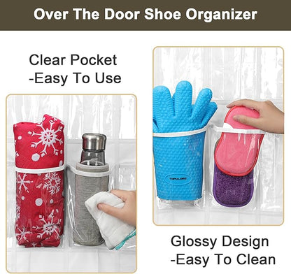 Over the Door Shoe Organizer with 24 Crystal Clear Pockets and Metal Hooks – Heavy Duty Hanging Shoe Storage Rack for Closet, Bathroom, Dorm – Space Saving for Shoes, Accessories, Toys (White)