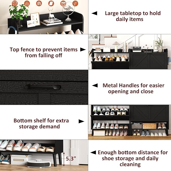 HOMEFORT Shoe Storage Cabinet for Entryway, 30" Freestanding Organizer with Two Flip Drawers, Narrow Hidden Shoe Rack with Wood Legs, Farmhouse Shoe Cabinet for Front Door Entrance,Black