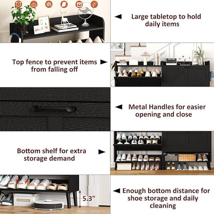 HOMEFORT Shoe Storage Cabinet for Entryway, 30" Freestanding Organizer with Two Flip Drawers, Narrow Hidden Shoe Rack with Wood Legs, Farmhouse Shoe Cabinet for Front Door Entrance,Black