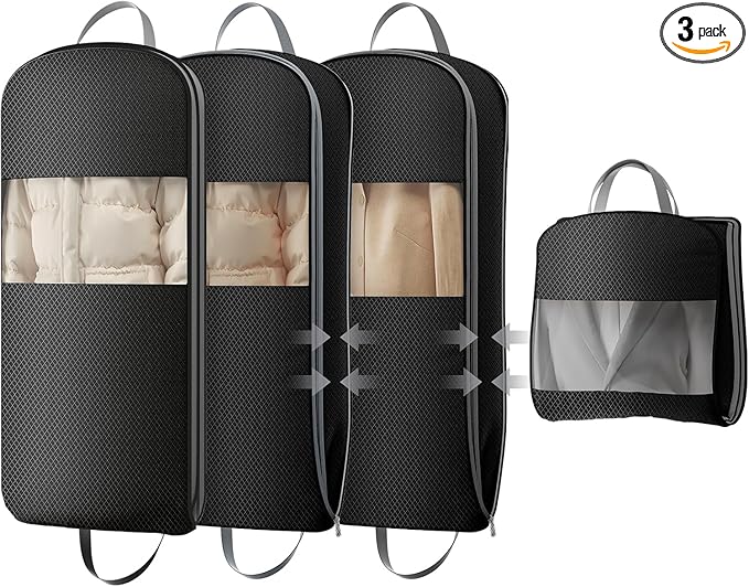 DIMJ 3 Pack 43" Garment Bags for Hanging Clothes - Space Saving Compression Suit Bag Travel with Handles Window, Washable Carry Clothing Storage Cover for Dress, Coats, Down Jacket, Shirts