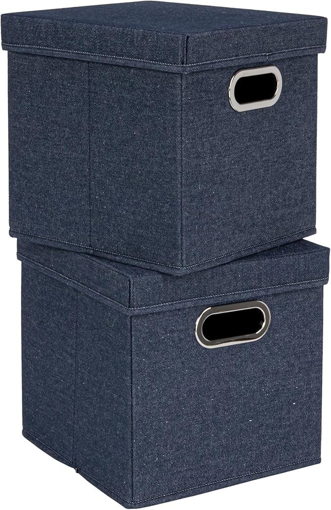 Household Essentials Collapsible Cotton Blend Cube Storage Box with Lid and Metal Grommet Handle, Set of 2, Denim