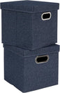 Household Essentials Collapsible Cotton Blend Cube Storage Box with Lid and Metal Grommet Handle, Set of 2, Denim