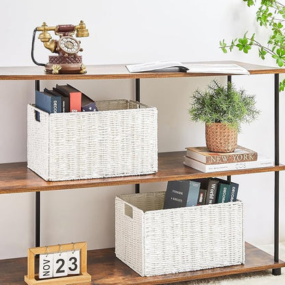 Vagusicc Wicker Storage Basket, Set of 2 Hand-Woven Paper Rope Wicker Basket, Large Storage Baskets for Organizing, Foldable Large Cube Storage Organizer Bins for Shelves (White)