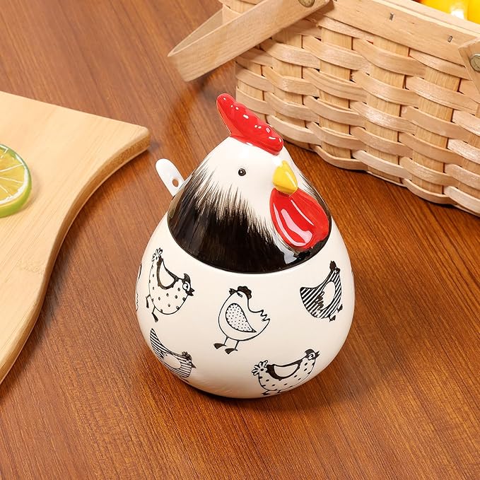 Ceramic Salt Cellar with Lid and Spoon,17oz Large Chicken Rooster Cookie Jar Salt Containers Holder for Countertop Spices,Cute Farmhouse Kitchen Decor,Spice Jar for Coffee,Sugar,Spices,Candies (#A)