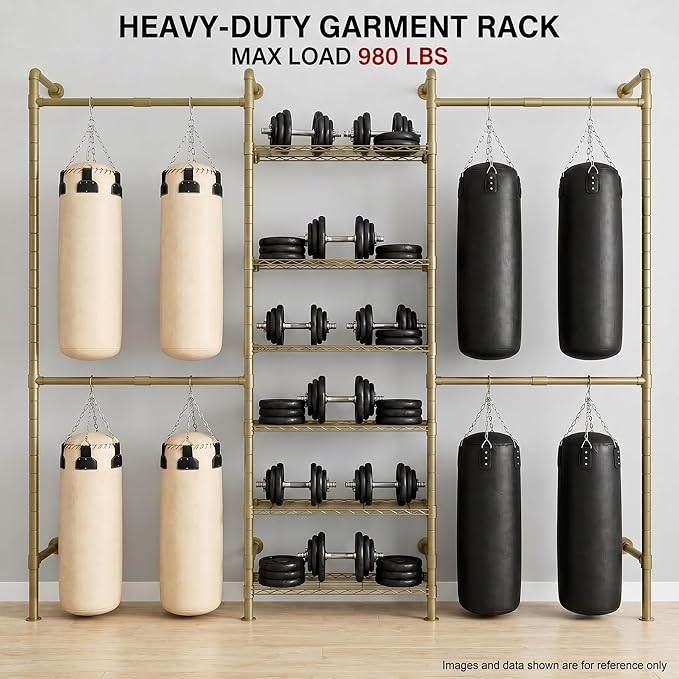 F3 Wall Mounted Closet System, Industrial Pipe Clothing Rack for Hanging Clothes, Heavy Duty Closet Organizer System, Clothes Racks with Shelves & Expandable Rod for Wardrobe, Corner, Gold