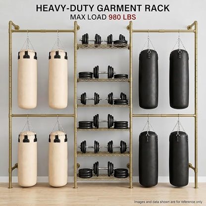 F3 Wall Mounted Closet System, Industrial Pipe Clothing Rack for Hanging Clothes, Heavy Duty Closet Organizer System, Clothes Racks with Shelves & Expandable Rod for Wardrobe, Corner, Gold