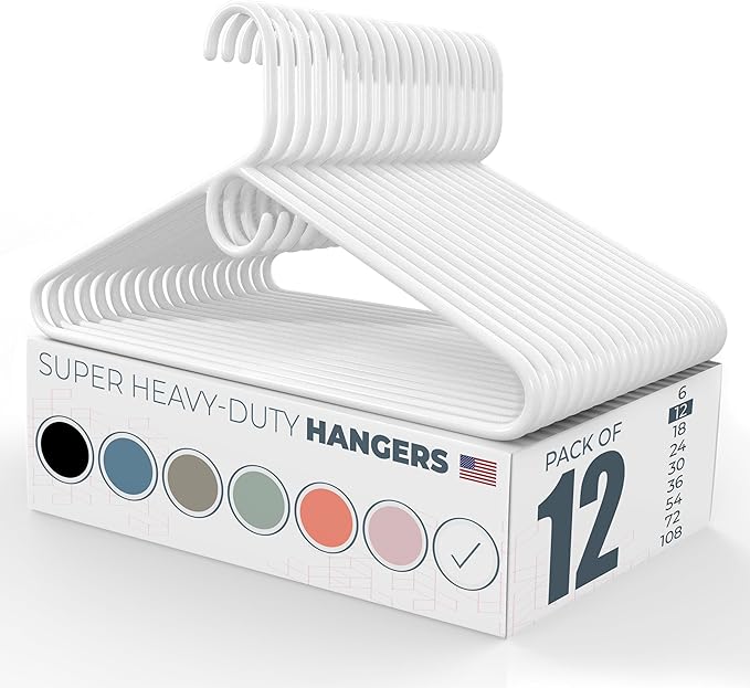 Super Heavy Duty Clothes Hangers 12 Pack – Made in The USA - 10lb Capacity, Thick Plastic Hangers for Pants, Coats, Jackets, Jeans and Adult Clothing – White
