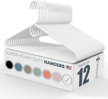 Super Heavy Duty Clothes Hangers 12 Pack – Made in The USA - 10lb Capacity, Thick Plastic Hangers for Pants, Coats, Jackets, Jeans and Adult Clothing – White