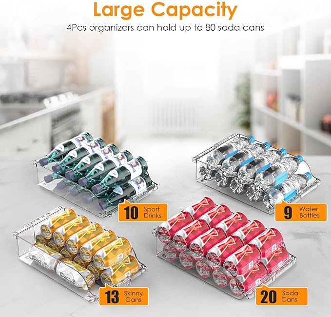 Soda Can Organizer for Refrigerator, Set of 4 Stackable Drink Organizer for Fridge, Freezer, Kitchen, Countertop, Soda Can Dispenser Beverage Holder, Clear Design