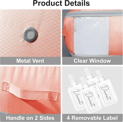 Comforter Storage Bag - Large Capacity Blanket Storage Bags 3-Layer Ultra Space Saving Self Compression Organizer, Washable Compression Bags for Storage Comforter Blanket, 4-Pack, Pink