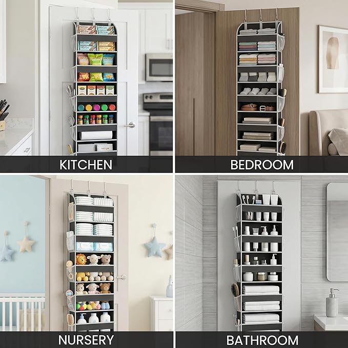 Over the Door Organizer with Toiletry Bag - 5 Self Hanging Organizer with 5 Large Pockets - Heavy Duty Behind the Door Storage for Bedroom, Bathroom, Pantry, Nursery (Grey)