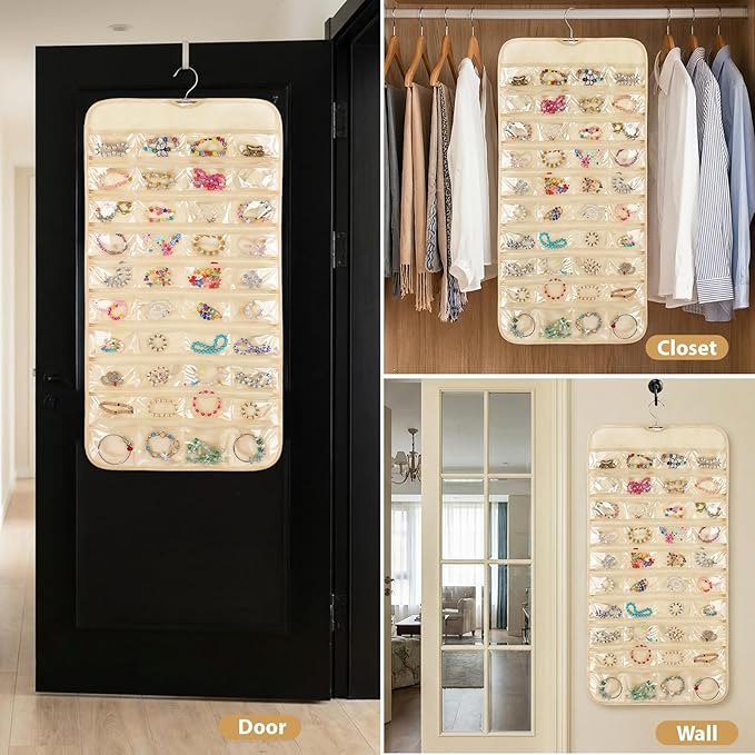 4 Pcs Hanging Jewelry Organizer with 80 Pockets, Dual-Sided Jewelry Holder Hanging Storage Organizer Hanger Closet for Bracelet Necklace Ring Earring Accessories, Beige