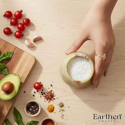 Marble Salt Cellar with Lid Green 3 Inches Salt Holder Seasoning & Spice Jar with Spoon Container, Modern Salt Keeper for Kitchen Countertop, 3 OZ Capacity