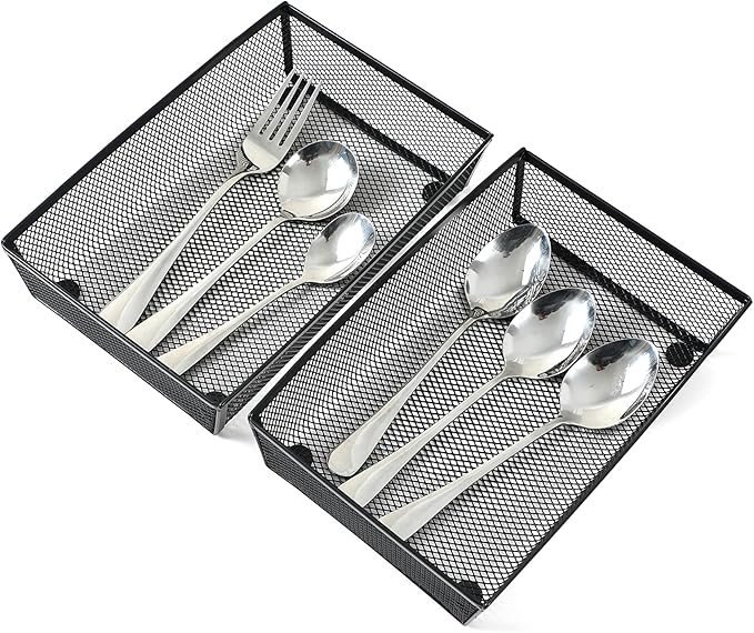 BYCY Silverware Drawer Organizer, Mesh Utensil Organizer for Kitchen Storage, Black Steel Metal Mesh Tray for Flatware Fork Spoon Knife (9x6-4P-Black)