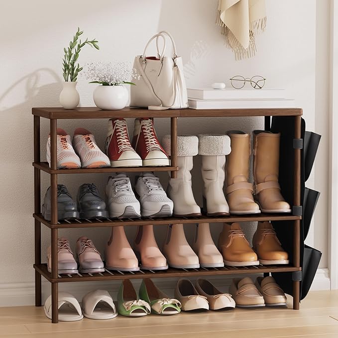 Bamboo Shoe Rack, 4 Tiers Shoe Organizer for Closet, Shoes Storage for 20-24 Pairs, Freestanding Shoe Shelf with Removable Pocket for Entryway Bedroom Front Door Dorm, Walnut Brown