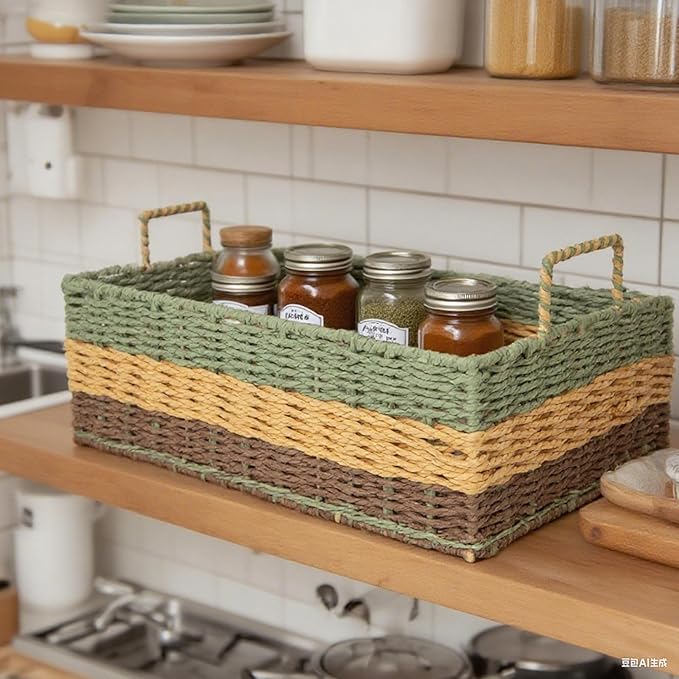 Handmade Rectangle Woven Paper Rope Storage Basket with Iron Frame,Basket with handles for Home Decor, Shelf & Desktop Organizing (Mix green yellow brown)