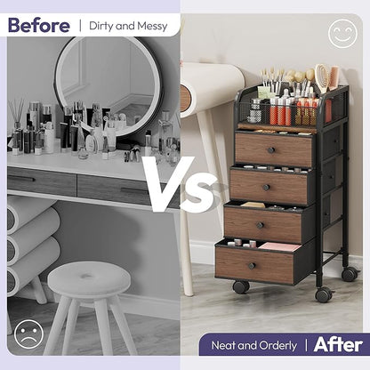SWTYMIKI Rolling Makeup Organizer Cart - Under Desk Vanity Makeup Storage with 4 Non-woven Drawers, Nail Cart Organizer Cosmetic Display Cases Cabinet for Skin Care Perfume Nail Polish Brush Hair Tool