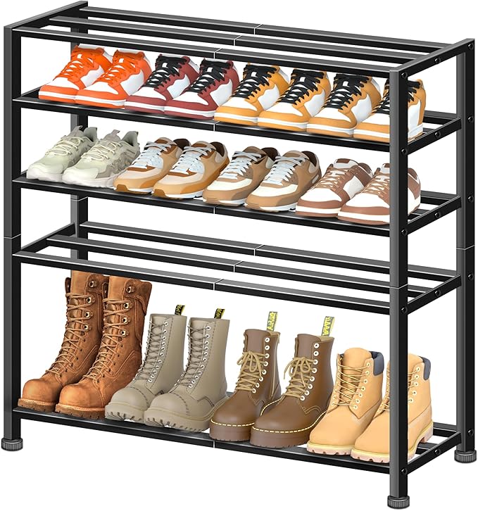 KEETDY 5-Tier Heavy Duty Shoe Rack for Garage Entryway, Stackable Shoe Organizer for 25 Pairs Men Boots, Shoe Rack for Closet Metal Shoe Storage Shelf, Floor, Hallway (Black)