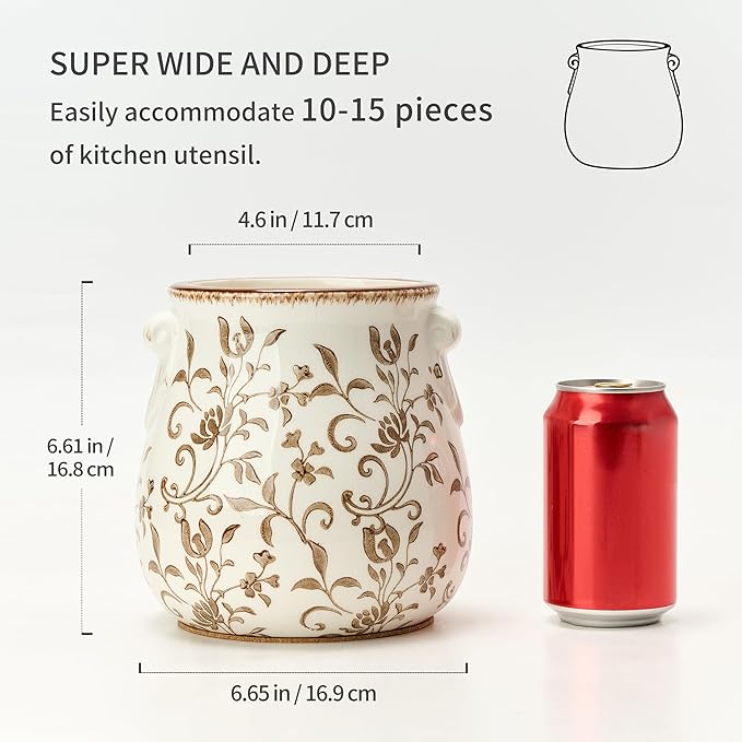 Utensil Holder for Kitchen Counter, Modern Farmhouse Rustic Cooking Utensil Holder and Crock, Exquisite Chinoiserie Floral Ceramic Utensil Organizer for Home Kitchen Decor- Brown Flower Patterns