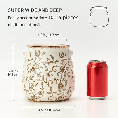 Utensil Holder for Kitchen Counter, Modern Farmhouse Rustic Cooking Utensil Holder and Crock, Exquisite Chinoiserie Floral Ceramic Utensil Organizer for Home Kitchen Decor- Brown Flower Patterns