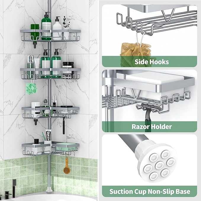 DAOYA Corner Shower Caddy Tension Pole, 4-Tier Rustproof Adjustable Bathroom Organizer for Renters, 25–114.2 Inch for Bathtub Shampoo Storage, Light Gray