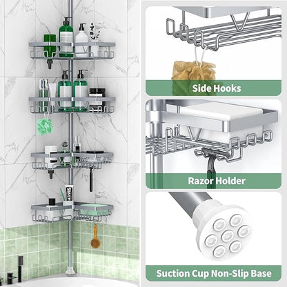 DAOYA Corner Shower Caddy Tension Pole, 4-Tier Rustproof Adjustable Bathroom Organizer for Renters, 25–114.2 Inch for Bathtub Shampoo Storage, Light Gray