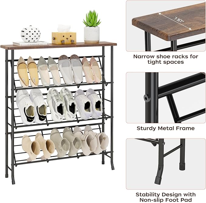JZM Shoe Rack Storage, Narrow 4 Tier Metal Shoe Storage Shelf, Free Standing Shoe Racks, Space Saving Shoe Rack Organizer for Entryway, Hallway, Bedroom, Living Room(12-16 Pair)