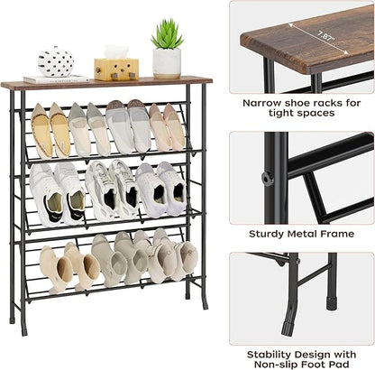 JZM Shoe Rack Storage, Narrow 4 Tier Metal Shoe Storage Shelf, Free Standing Shoe Racks, Space Saving Shoe Rack Organizer for Entryway, Hallway, Bedroom, Living Room(12-16 Pair)