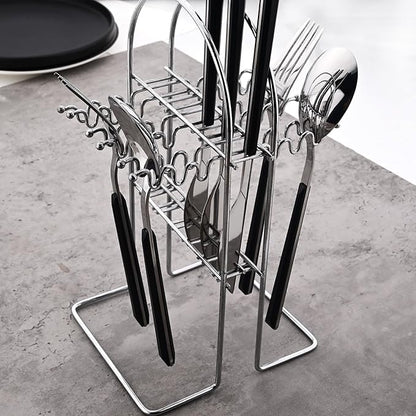 24piece Silverware Set with Hanging Holder, Stainless Steel Tableware Set With Cutlery Storage Rack, Decent Gift Box For Housewarming, Party, Dining - Black Silver, set of 6