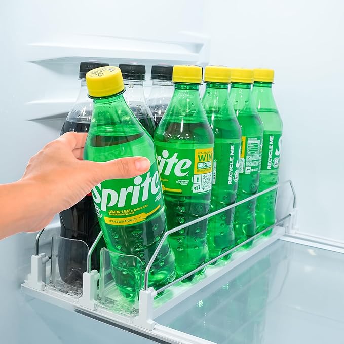 Fridge Organizer for Drinks, Upgraded Design of Fridge Can Organizer with Larger Stopper Height. Width Adjustable Automatic Can Holders for Fridge with Lock. Holds 10 Cans (2 Rows, White)