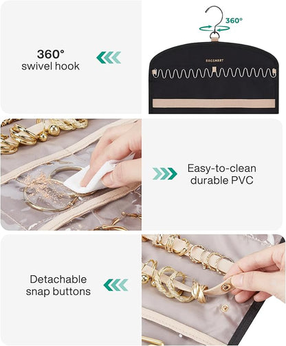 BAGSMART Hanging Jewelry Organizer Claw Clip Necklace Holder Roll for Hair Ties, Headbands, Clips, Earrings, Necklaces, Glasses Double-Sided on Closet, Wall, Door, 1 piece, Large-Black