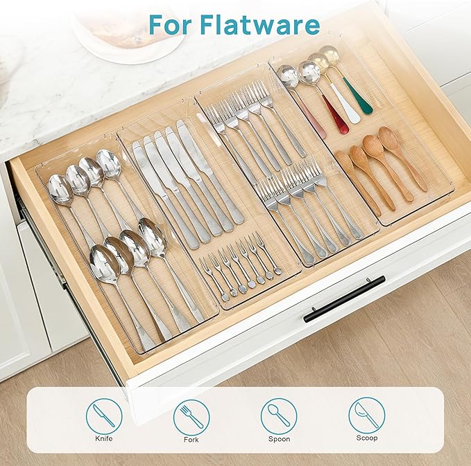 Vtopmart 4 Pack 15" X 6" Kitchen Drawer Organizers, Clear Plastic Drawer Organizer Tray, Storage Bins for Flatware, Silverware, Utensil, Cutlery