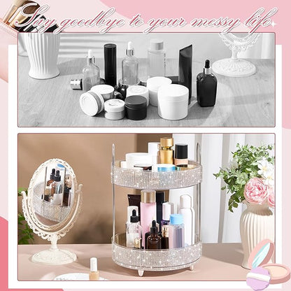 Honeydak 360 Rotating Perfume Organizer for Mother Day Nurse Day Rhinestone Bathroom Counter Organizer Makeup Holder Skincare and Perfume Storage for Cosmetic Countertop(2 Tiers,Resin Stone,White)