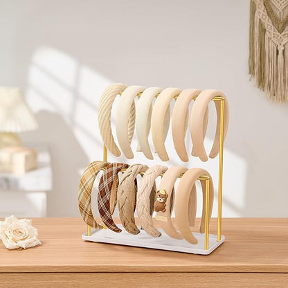 pickpiff Headband Holder Organizer Metal 2-Tier with Tray: Hair Accessories Display Stand Storage, Purse Charms Key Rings Rack Necklace Stand Home Bedroom for Girls Women, Gold