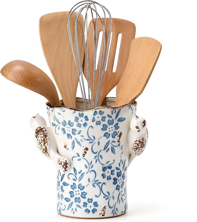 6.34"H Utensil Holder for Kitchen Counter, Modern Farmhouse Cooking Utensil Holder and Crock Home Kitchen Decor, Ceramic Utensil Organizer for Spatula, Ladle, Eggbeater, Rolling Pin- Blue and White