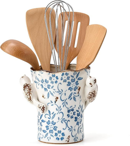 6.34"H Utensil Holder for Kitchen Counter, Modern Farmhouse Cooking Utensil Holder and Crock Home Kitchen Decor, Ceramic Utensil Organizer for Spatula, Ladle, Eggbeater, Rolling Pin- Blue and White