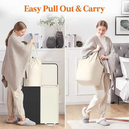 Lifewit Double Laundry Hamper with Lid and Removable Laundry Bags, Large Collapsible 2 Dividers Dirty Clothes Basket with Handles for Bedroom Laundry Room Closet Bathroom College, 136L White&Black