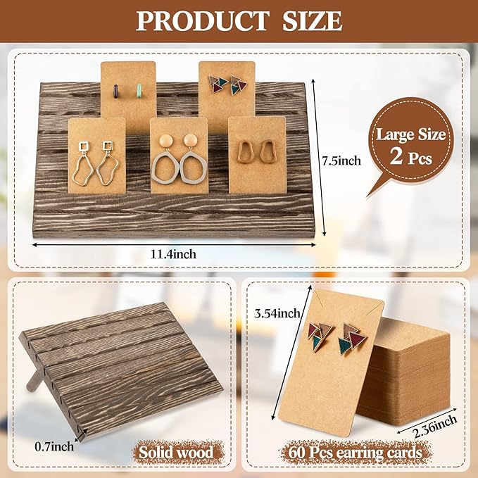 Marsui 62 Pcs Wood Earring Display Stand Earring Card Display 2 Sets of Holder with Cards Jewelry Stands for Selling