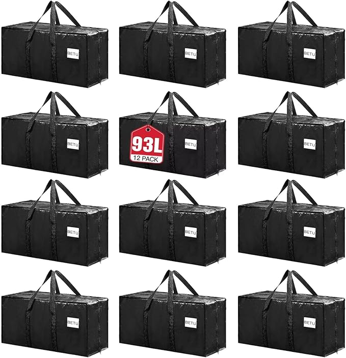 BETU 12 Pack Moving Bags Moving Storage College Dorm Camping Packing Travel PE Heavy Duty, Sturdy Handle, Zipper Large Storage Tote Bag Moving Boxes Box Alternative - Black 29L x 14W x 13H