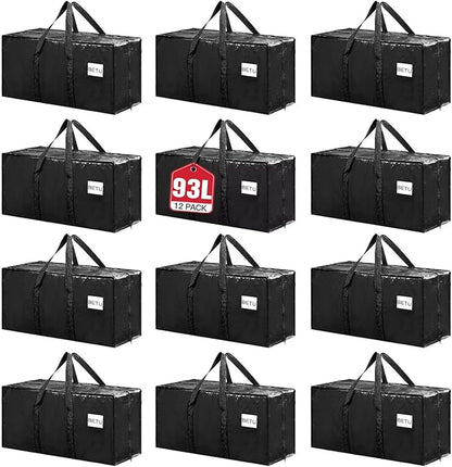 BETU 12 Pack Moving Bags Moving Storage College Dorm Camping Packing Travel PE Heavy Duty, Sturdy Handle, Zipper Large Storage Tote Bag Moving Boxes Box Alternative - Black 29L x 14W x 13H